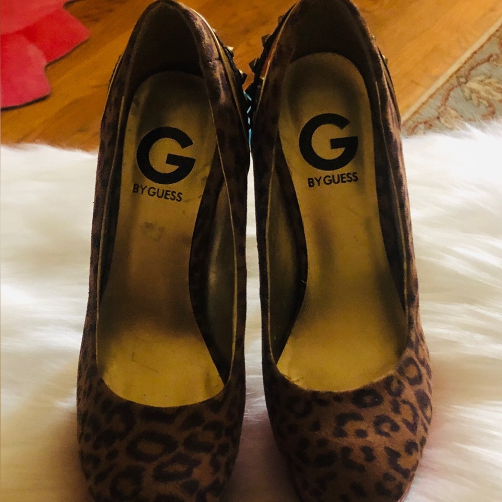 G by Guess Leopard Print Platform Pumps with Red Platform
